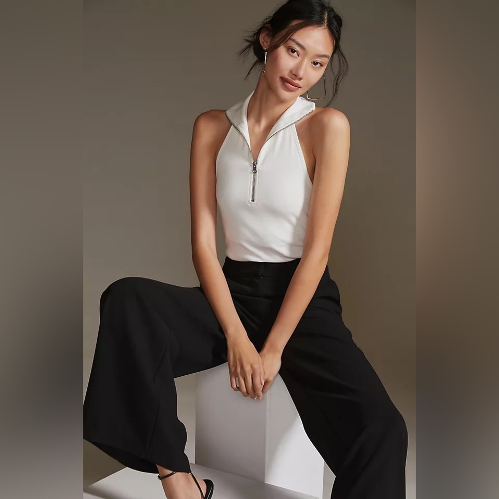 Anthropologie Maeve Quarter-Zip Halter Top Creamy White  XS Ribbed Knit. B